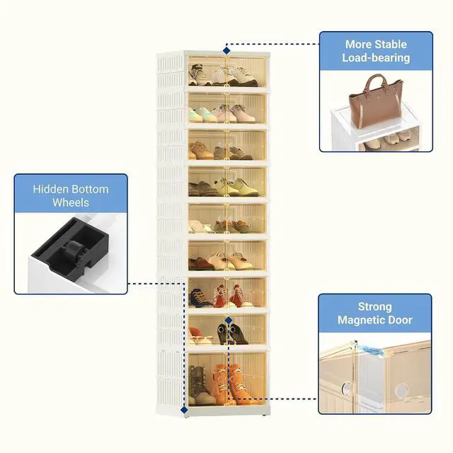 Alt view image 5 of 7 - Shoe Rack Organizer Storage Box 9 Tiers-18 Pairs, Tall Portable Folding Shoe Rack for Closet Entryway, Collapsible Shoe Cabinet with Magnetic Clear Door for Front Door Entrance