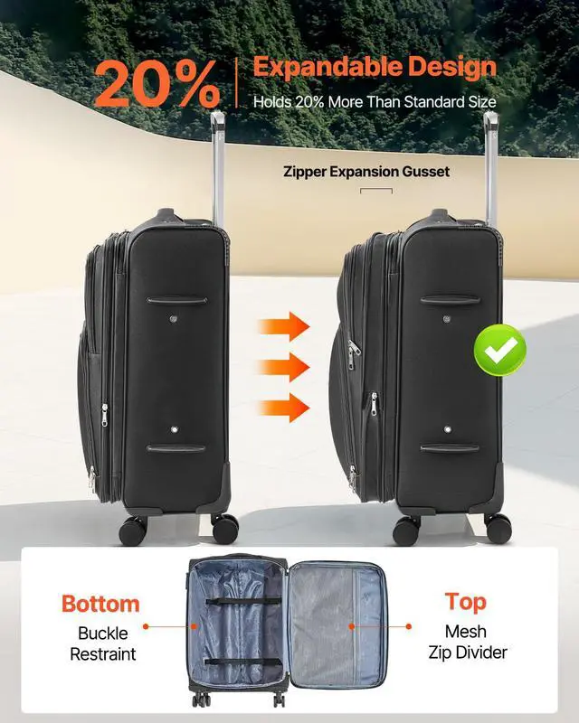 Alt view image 2 of 7 - Softside Expandable Luggage with Spinner Wheels, 24-Inch Softside Checked Medium Luggage, Lightweight Checked Suitcase with Expandable Zippered Pocket and TSA Lock, Black