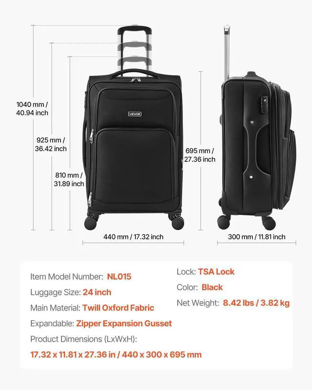 Alt view image 7 of 7 - Softside Expandable Luggage with Spinner Wheels, 24-Inch Softside Checked Medium Luggage, Lightweight Checked Suitcase with Expandable Zippered Pocket and TSA Lock, Black