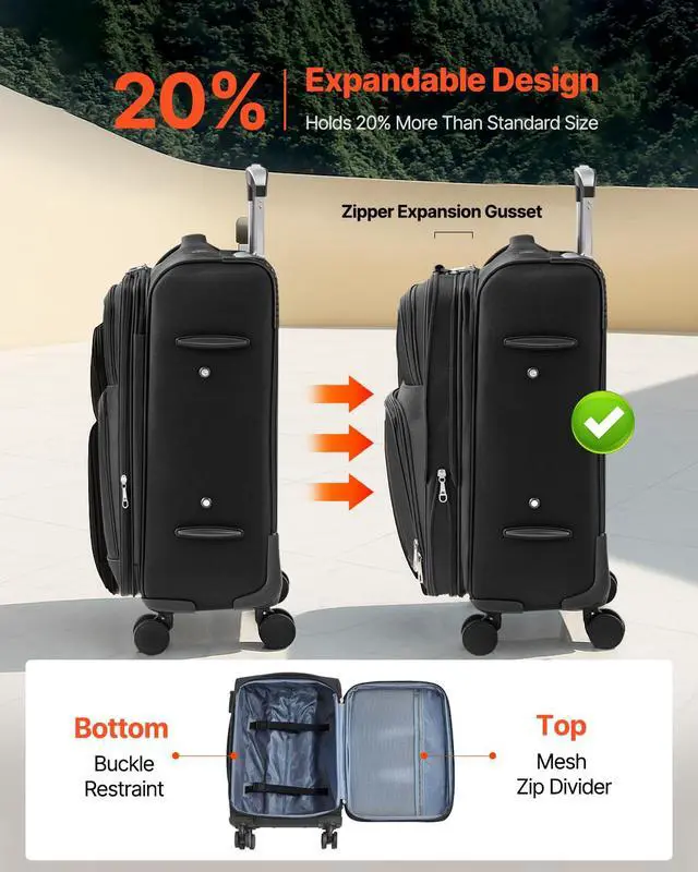 Alt view image 2 of 7 - Softside Expandable Luggage with Spinner Wheels, 20-Inch Softside Carry on Luggage, Lightweight Checked Suitcase with Expandable Zippered Pocket and TSA Lock, Black
