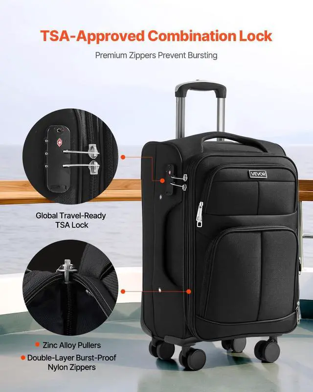 Alt view image 4 of 7 - Softside Expandable Luggage with Spinner Wheels, 20-Inch Softside Carry on Luggage, Lightweight Checked Suitcase with Expandable Zippered Pocket and TSA Lock, Black