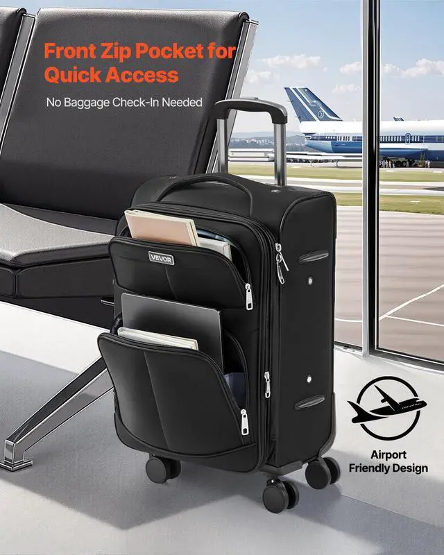 Alt view image 6 of 7 - Softside Expandable Luggage with Spinner Wheels, 20-Inch Softside Carry on Luggage, Lightweight Checked Suitcase with Expandable Zippered Pocket and TSA Lock, Black