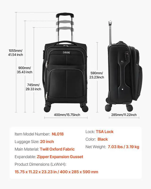 Alt view image 7 of 7 - Softside Expandable Luggage with Spinner Wheels, 20-Inch Softside Carry on Luggage, Lightweight Checked Suitcase with Expandable Zippered Pocket and TSA Lock, Black