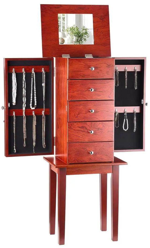 Main image of Jewelry Cabinet Armoire, Standing Wood Jewelry Storage Chest with 4 Spacious Drawers, Flip Top Mirror, 4 Top Storage Compartments, Zinc Alloy Handles, 2 Side Doors with 16 Necklace Hooks