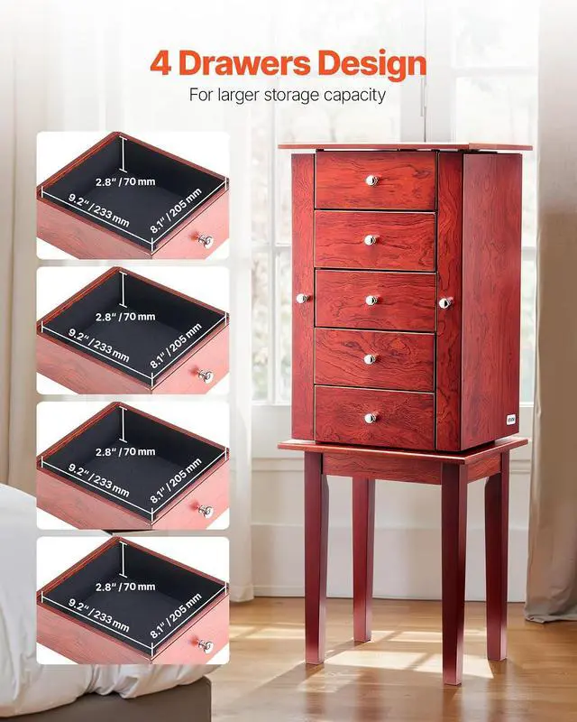 Alt view image 2 of 7 - Jewelry Cabinet Armoire, Standing Wood Jewelry Storage Chest with 4 Spacious Drawers, Flip Top Mirror, 4 Top Storage Compartments, Zinc Alloy Handles, 2 Side Doors with 16 Necklace Hooks
