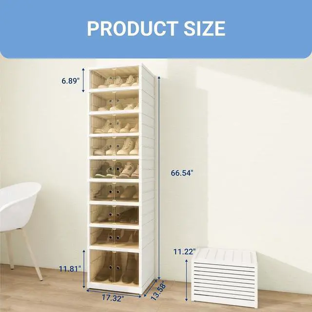 Alt view image 2 of 7 - Shoe Rack Organizer Storage Box 9 Tiers-18 Pairs, Tall Portable Folding Shoe Rack for Closet Entryway, Collapsible Shoe Cabinet with Magnetic Clear Door for Front Door Entrance