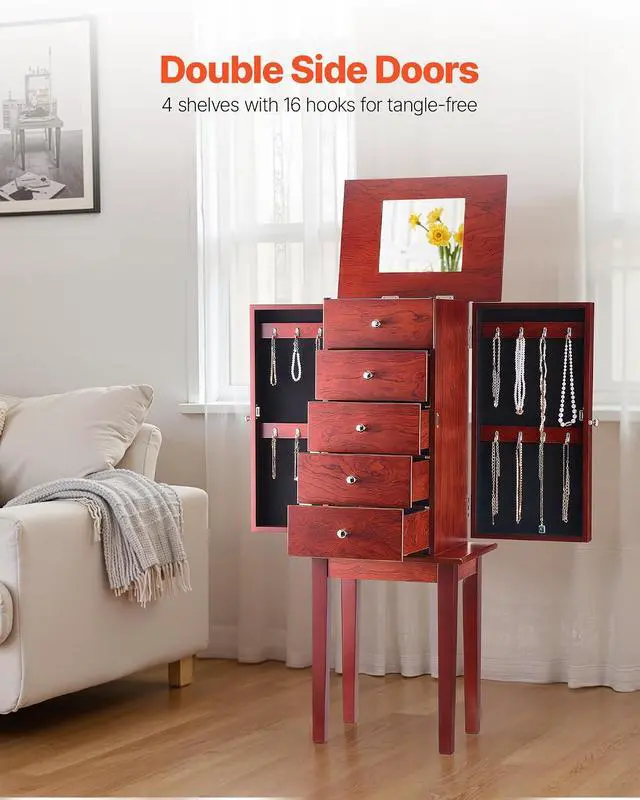 Alt view image 3 of 7 - Jewelry Cabinet Armoire, Standing Wood Jewelry Storage Chest with 4 Spacious Drawers, Flip Top Mirror, 4 Top Storage Compartments, Zinc Alloy Handles, 2 Side Doors with 16 Necklace Hooks