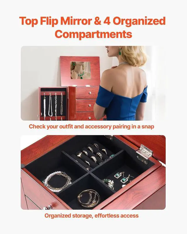 Alt view image 4 of 7 - Jewelry Cabinet Armoire, Standing Wood Jewelry Storage Chest with 4 Spacious Drawers, Flip Top Mirror, 4 Top Storage Compartments, Zinc Alloy Handles, 2 Side Doors with 16 Necklace Hooks