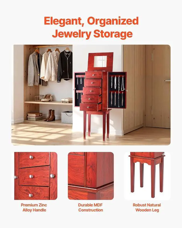 Alt view image 5 of 7 - Jewelry Cabinet Armoire, Standing Wood Jewelry Storage Chest with 4 Spacious Drawers, Flip Top Mirror, 4 Top Storage Compartments, Zinc Alloy Handles, 2 Side Doors with 16 Necklace Hooks