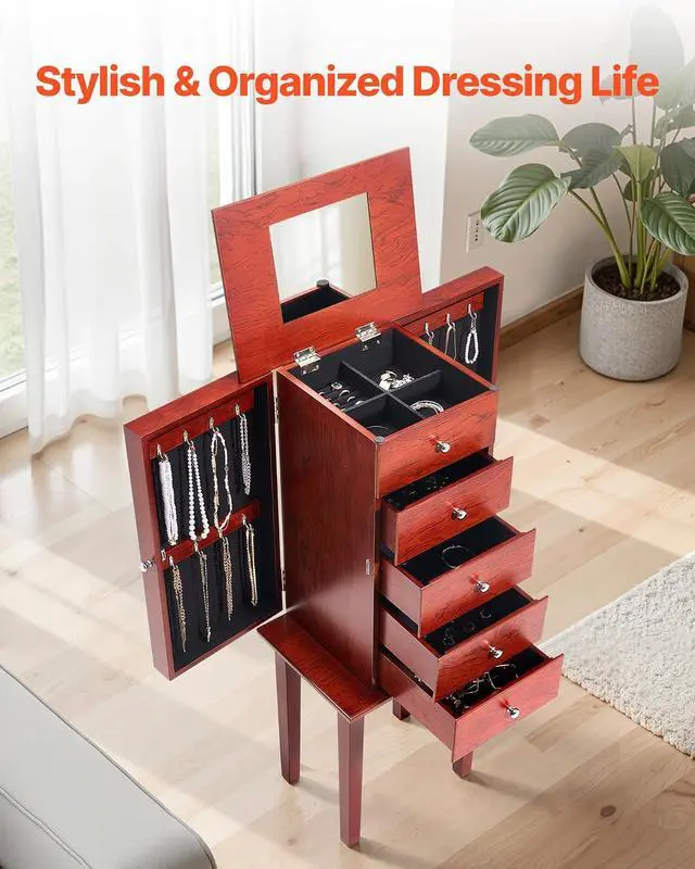 Alt view image 6 of 7 - Jewelry Cabinet Armoire, Standing Wood Jewelry Storage Chest with 4 Spacious Drawers, Flip Top Mirror, 4 Top Storage Compartments, Zinc Alloy Handles, 2 Side Doors with 16 Necklace Hooks