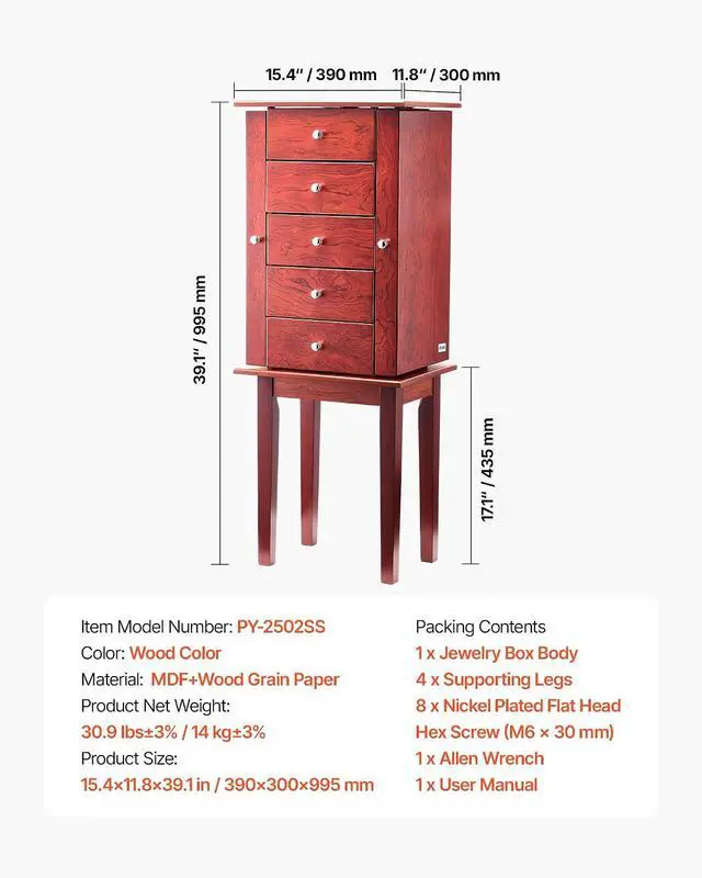 Alt view image 7 of 7 - Jewelry Cabinet Armoire, Standing Wood Jewelry Storage Chest with 4 Spacious Drawers, Flip Top Mirror, 4 Top Storage Compartments, Zinc Alloy Handles, 2 Side Doors with 16 Necklace Hooks