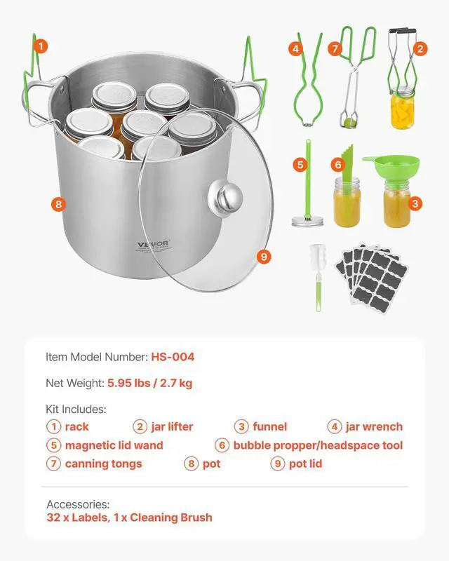 Alt view image 7 of 7 - Canning Supplies Starter Kit, 9 Pieces Stainless Steel Water Bath Canning Kit for Beginners, Canning Tools Set: Pot, Rack, Lid, Funnel, Tongs, Jar Lifter, Wrench, Magnetic Wand, Bubble Propper