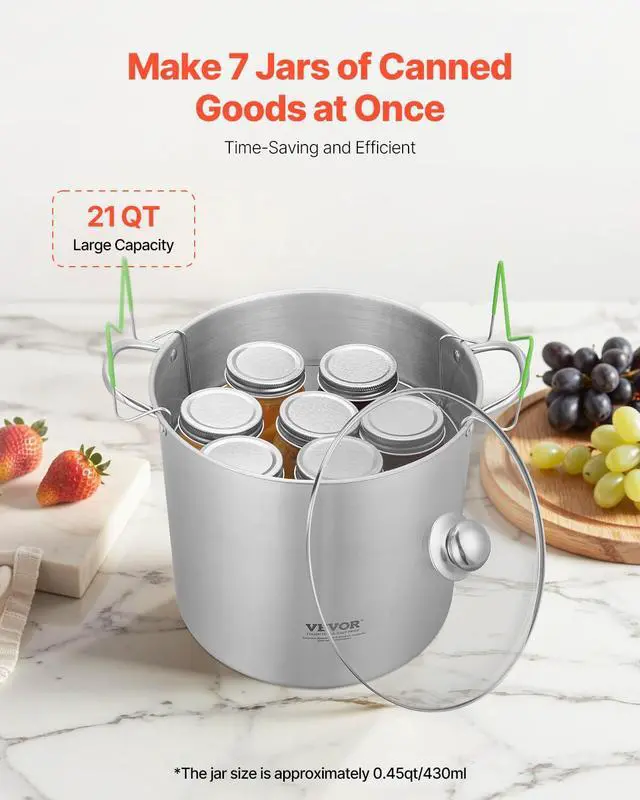 Alt view image 2 of 7 - 21 QT Canning Pot with Rack and Lid, Stainless Steel Waterbath Canner with Dual Handle and Glass Lid, Compatible with All Cooktops: Induction, Gas, Electric, Glass, Ceramic, Halogen