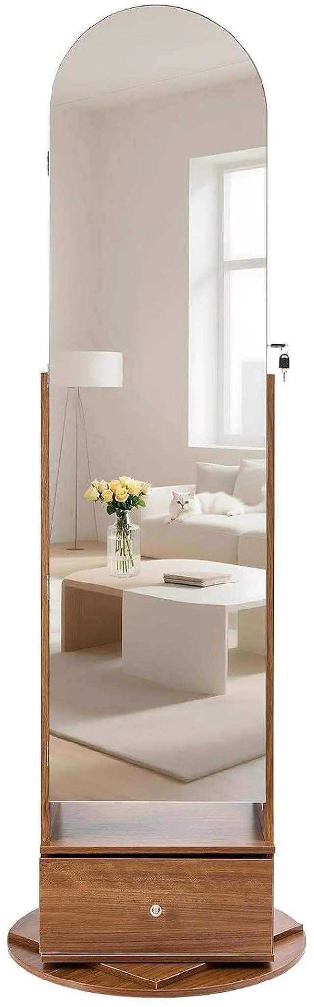 Main image of 360° Swivel Jewelry Cabinet, 65.1-inch Tall, Full-Length Mirror with Storage, Standing Rotatable Jewelry Armoire Organizer, Lockable with 2 Keys, Accessory Pouches, Storage Shelves and Drawer