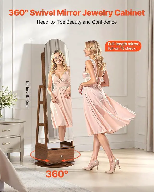 Alt view image 2 of 7 - 360° Swivel Jewelry Cabinet, 65.1-inch Tall, Full-Length Mirror with Storage, Standing Rotatable Jewelry Armoire Organizer, Lockable with 2 Keys, Accessory Pouches, Storage Shelves and Drawer