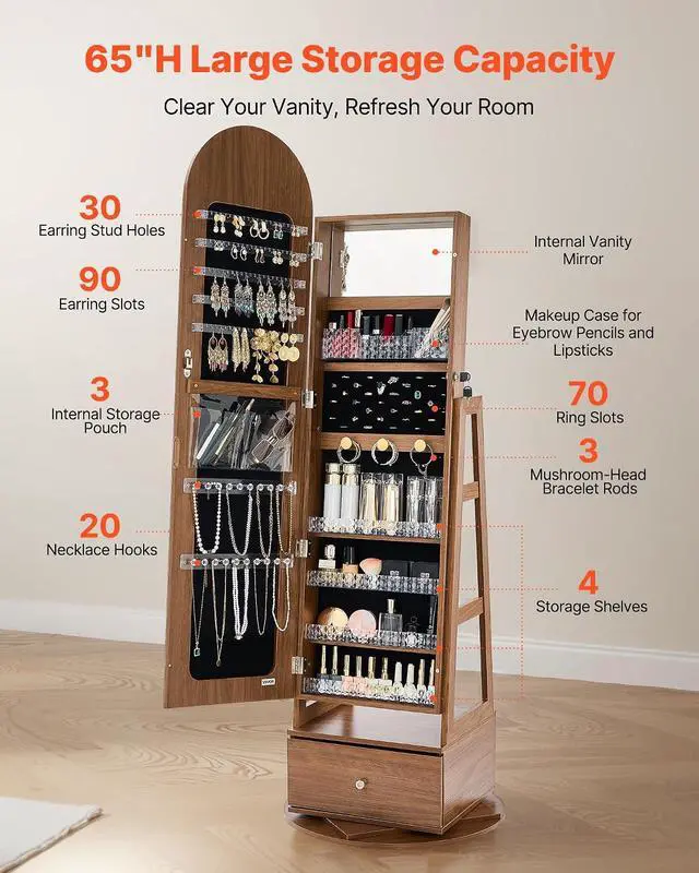 Alt view image 3 of 7 - 360° Swivel Jewelry Cabinet, 65.1-inch Tall, Full-Length Mirror with Storage, Standing Rotatable Jewelry Armoire Organizer, Lockable with 2 Keys, Accessory Pouches, Storage Shelves and Drawer