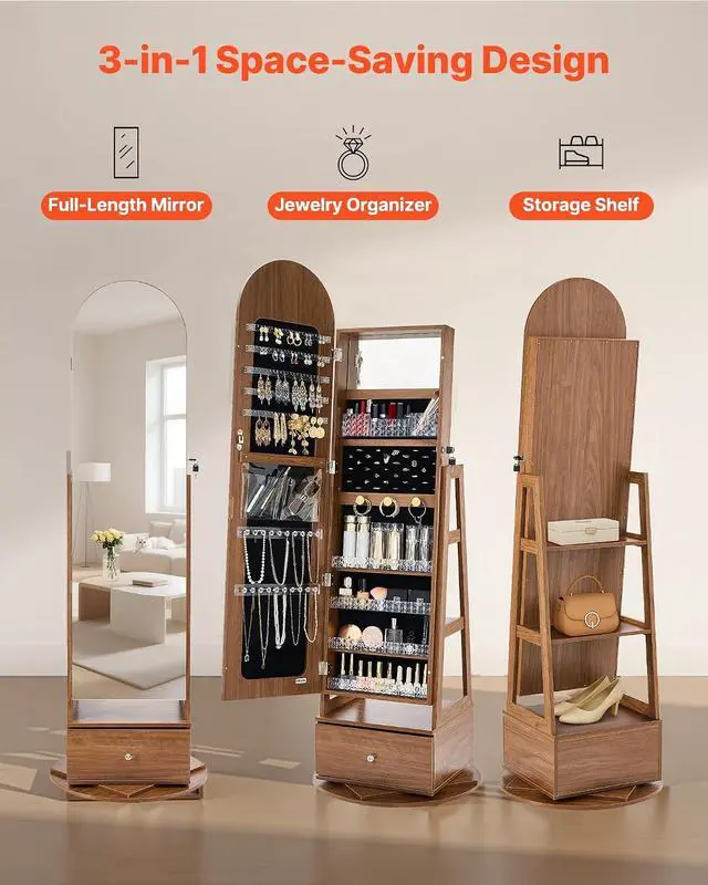 Alt view image 5 of 7 - 360° Swivel Jewelry Cabinet, 65.1-inch Tall, Full-Length Mirror with Storage, Standing Rotatable Jewelry Armoire Organizer, Lockable with 2 Keys, Accessory Pouches, Storage Shelves and Drawer