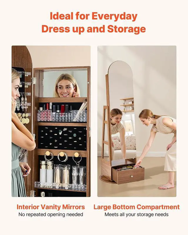 Alt view image 6 of 7 - 360° Swivel Jewelry Cabinet, 65.1-inch Tall, Full-Length Mirror with Storage, Standing Rotatable Jewelry Armoire Organizer, Lockable with 2 Keys, Accessory Pouches, Storage Shelves and Drawer