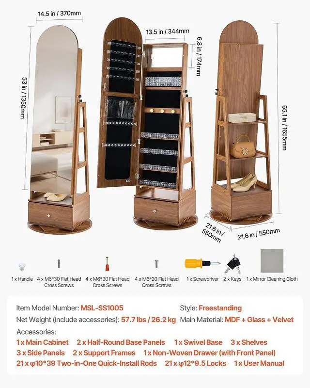 Alt view image 7 of 7 - 360° Swivel Jewelry Cabinet, 65.1-inch Tall, Full-Length Mirror with Storage, Standing Rotatable Jewelry Armoire Organizer, Lockable with 2 Keys, Accessory Pouches, Storage Shelves and Drawer