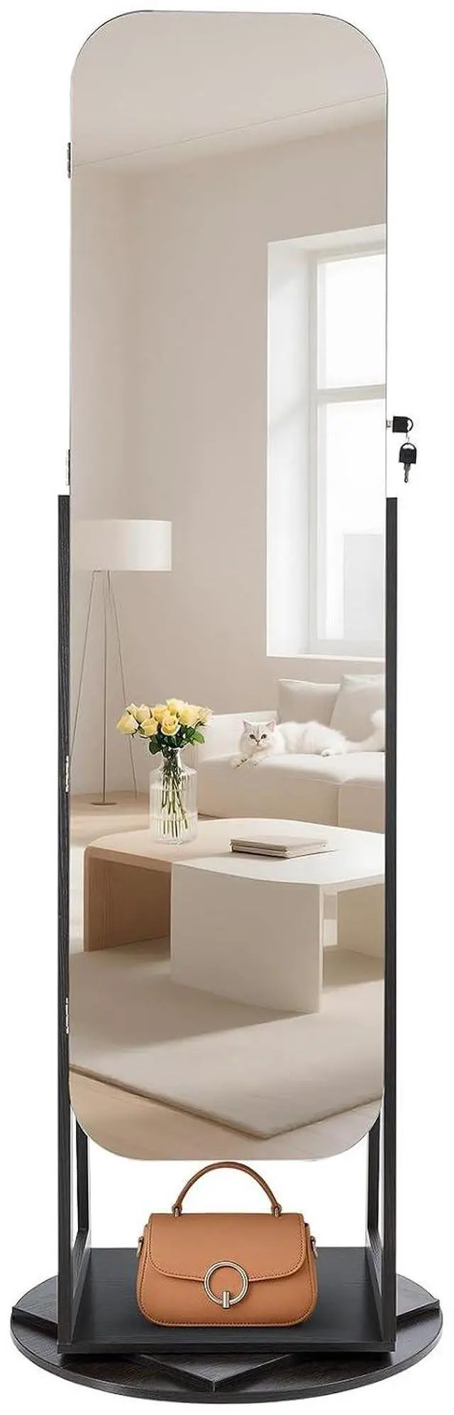 Main image of 360° Swivel Jewelry Cabinet, 63-inch Tall, Full-Length Mirror with Storage, Standing Rotatable Jewelry Armoire Organizer, Lockable Door with 2 Keys, Accessory Pouches, and Storage Shelves