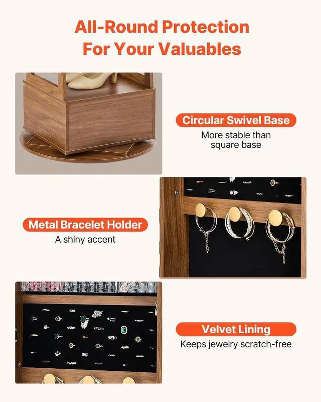 Alt view image 4 of 7 - 360° Swivel Jewelry Cabinet, 65.1-inch Tall, Full-Length Mirror with Storage, Standing Rotatable Jewelry Armoire Organizer, Lockable with 2 Keys, Accessory Pouches, Storage Shelves and Drawer