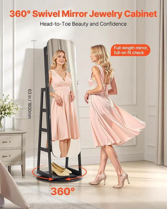 Alt view image 2 of 7 - 360° Swivel Jewelry Cabinet, 63-inch Tall, Full-Length Mirror with Storage, Standing Rotatable Jewelry Armoire Organizer, Lockable Door with 2 Keys, Accessory Pouches, and Storage Shelves