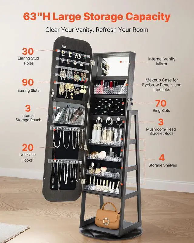 Alt view image 3 of 7 - 360° Swivel Jewelry Cabinet, 63-inch Tall, Full-Length Mirror with Storage, Standing Rotatable Jewelry Armoire Organizer, Lockable Door with 2 Keys, Accessory Pouches, and Storage Shelves