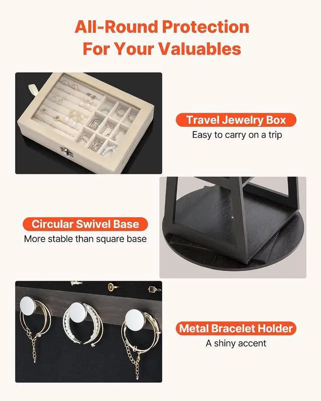 Alt view image 4 of 7 - 360° Swivel Jewelry Cabinet, 63-inch Tall, Full-Length Mirror with Storage, Standing Rotatable Jewelry Armoire Organizer, Lockable Door with 2 Keys, Accessory Pouches, and Storage Shelves