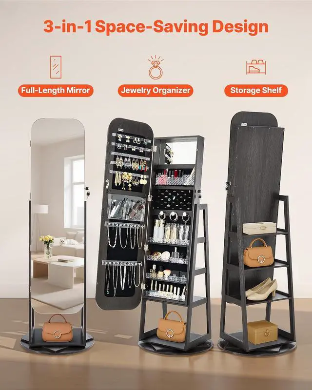 Alt view image 5 of 7 - 360° Swivel Jewelry Cabinet, 63-inch Tall, Full-Length Mirror with Storage, Standing Rotatable Jewelry Armoire Organizer, Lockable Door with 2 Keys, Accessory Pouches, and Storage Shelves