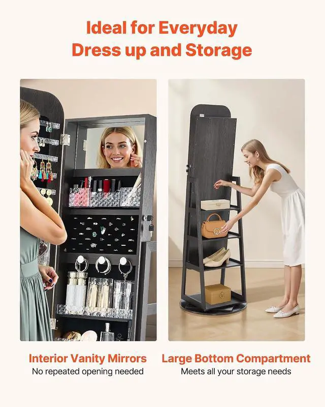 Alt view image 6 of 7 - 360° Swivel Jewelry Cabinet, 63-inch Tall, Full-Length Mirror with Storage, Standing Rotatable Jewelry Armoire Organizer, Lockable Door with 2 Keys, Accessory Pouches, and Storage Shelves