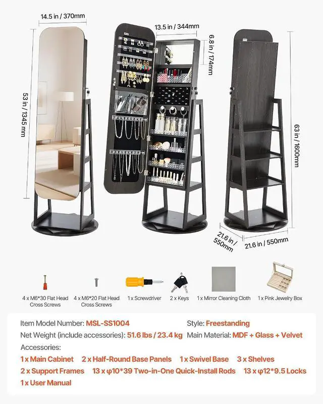 Alt view image 7 of 7 - 360° Swivel Jewelry Cabinet, 63-inch Tall, Full-Length Mirror with Storage, Standing Rotatable Jewelry Armoire Organizer, Lockable Door with 2 Keys, Accessory Pouches, and Storage Shelves