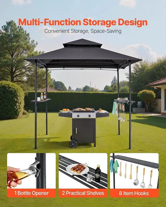 Alt view image 5 of 7 - Grill Gazebo, 8 x 5 ft Outdoor BBQ Gazebo with Double-Tiered Roof, Powder-Coated Steel Patio Grill Shelter with 2 Side Shelves & 8 Hooks, Grilling Canopy for Patio Backyard Garden Picnic