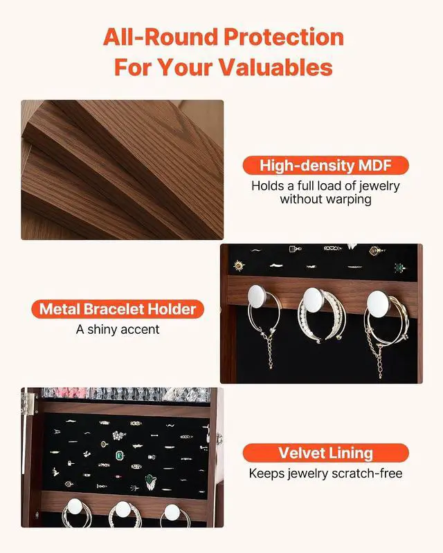 Alt view image 4 of 7 - 360° Swivel Jewelry Cabinet, 61-inch Tall, Full-Length Mirror with Storage, Standing Rotatable Jewelry Armoire Organizer, Lockable Door with 2 Keys, Accessory Pouches, and Storage Shelves