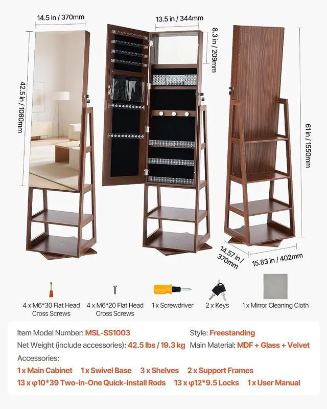 Alt view image 7 of 7 - 360° Swivel Jewelry Cabinet, 61-inch Tall, Full-Length Mirror with Storage, Standing Rotatable Jewelry Armoire Organizer, Lockable Door with 2 Keys, Accessory Pouches, and Storage Shelves