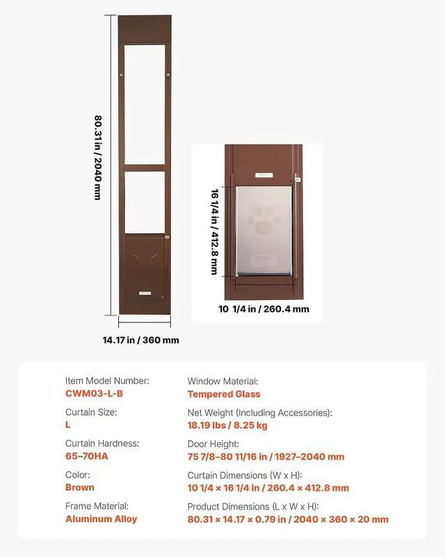 Alt view image 7 of 7 - Dog Door for Sliding Glass Door, 75 7/8 to 80 11/16 in Adjustable Height, Aluminum Alloy Frame with Rotating Hinges, Lock Design, 10 1/4 x 16 1/4 in Flap, Sliding Glass Pet Door for Renters