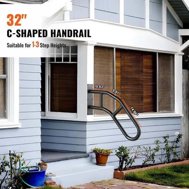 Alt view image 5 of 7 - Handrails for Outdoor Steps, 32" Length Wall Mount Safety Railings for 1-3 Steps, U-Shaped Handrail with Matte Black Finished, Stair Handrails for Kids, Elderly, Pregnant Women, Disabled