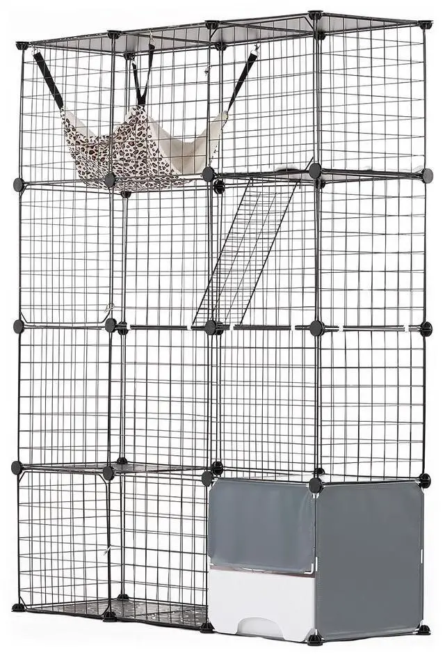 Main image of Large 4-Tier Cat Cage, 41 x 14 x 55, Detachable Metal Wire Cat Enclosure, with Litter Box Hammock Ramp ladders, Indoor & Outdoor Crate Exercise Place Ideal for Kitty, Small Animals, Black