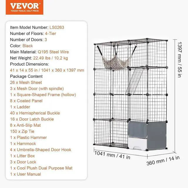 Alt view image 7 of 7 - Large 4-Tier Cat Cage, 41 x 14 x 55, Detachable Metal Wire Cat Enclosure, with Litter Box Hammock Ramp ladders, Indoor & Outdoor Crate Exercise Place Ideal for Kitty, Small Animals, Black