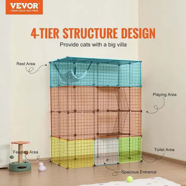 Alt view image 2 of 7 - Large 4-Tier Cat Cage, 41 x 28 x 55, Detachable Metal Wire Cat Enclosure, with 4 Front Doors Hammock Ramp ladders, Indoor & Outdoor Crate Exercise Place Ideal for Kitty, Small Animals, Black