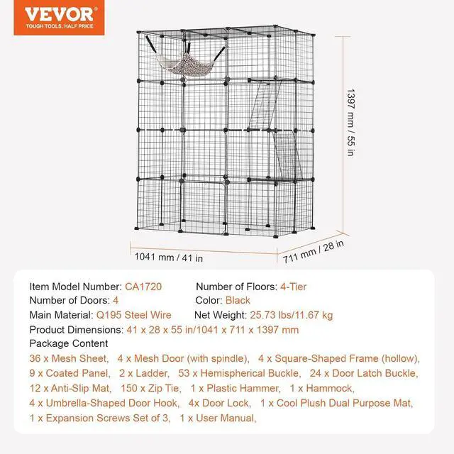 Alt view image 7 of 7 - Large 4-Tier Cat Cage, 41 x 28 x 55, Detachable Metal Wire Cat Enclosure, with 4 Front Doors Hammock Ramp ladders, Indoor & Outdoor Crate Exercise Place Ideal for Kitty, Small Animals, Black