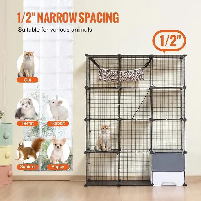 Alt view image 6 of 7 - Large 4-Tier Cat Cage, 41 x 14 x 55, Detachable Metal Wire Cat Enclosure, with Litter Box Hammock Ramp ladders, Indoor & Outdoor Crate Exercise Place Ideal for Kitty, Small Animals, Black