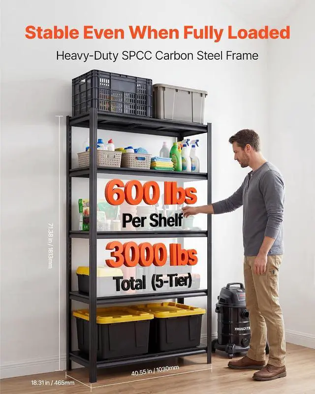 Alt view image 2 of 7 - Garage Shelving, 5-Tier Adjustable Storage Shelves, 3000 lbs Heavy Duty Garage Shelves, Metal Utility Rack Shelf for Garage Workshop Warehouse Basement, 59.49" W x 20.55" D x 71.38" H