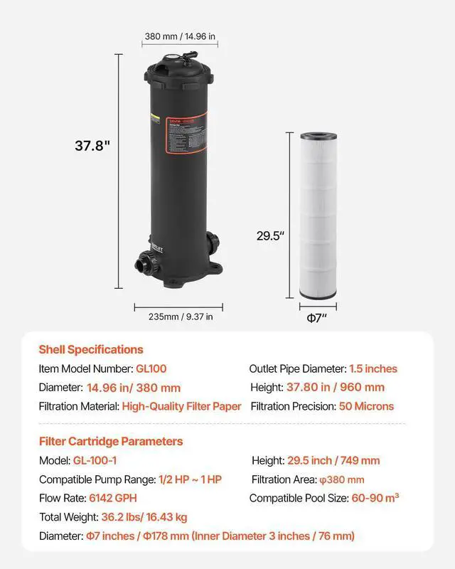 Alt view image 7 of 7 - 2026 Pro Pool Cartridge Filter System 100 Sq.Ft, Pool Filter for Inground & Above Ground Pools, Compatible W/Pumps 1/2HP~1HP | Up to 6142 GPH Max Flow, Pool Filters for Pools Up to 23775 Gallons