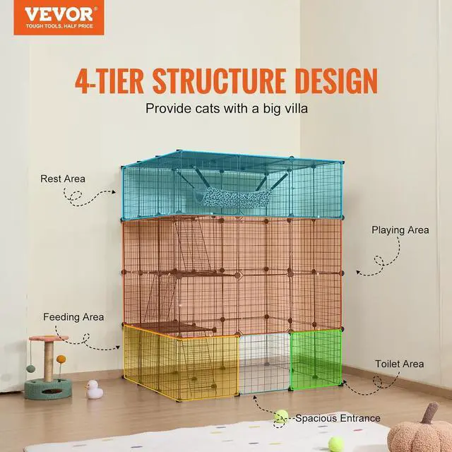 Alt view image 2 of 7 - Large 4-Tier Cat Cage, 41 x 41 x 55, Detachable Metal Wire Cat Enclosure, with 4 Front Doors Hammock Ramp ladders, Indoor & Outdoor Crate Exercise Place Ideal for Kitty, Small Animals, Black