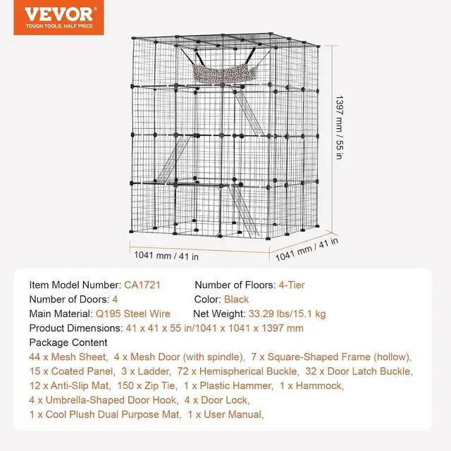 Alt view image 7 of 7 - Large 4-Tier Cat Cage, 41 x 41 x 55, Detachable Metal Wire Cat Enclosure, with 4 Front Doors Hammock Ramp ladders, Indoor & Outdoor Crate Exercise Place Ideal for Kitty, Small Animals, Black