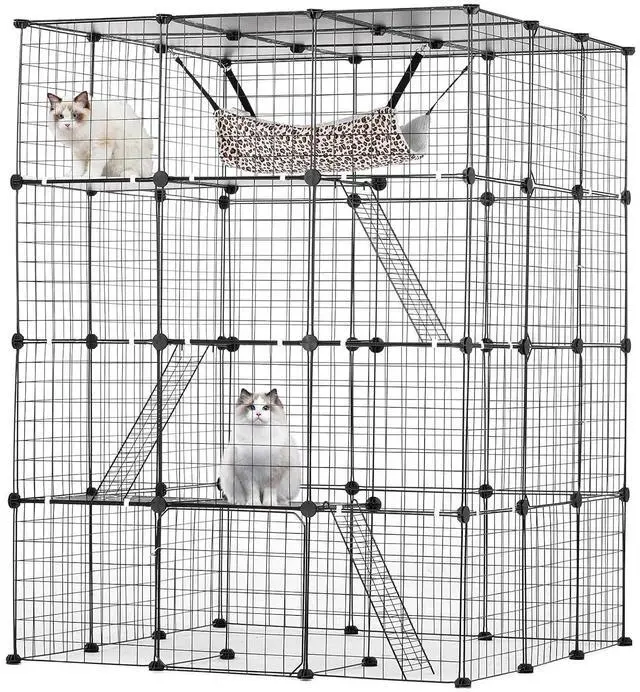 Main image of Large 4-Tier Cat Cage, 41 x 41 x 55, Detachable Metal Wire Cat Enclosure, with 4 Front Doors Hammock Ramp ladders, Indoor & Outdoor Crate Exercise Place Ideal for Kitty, Small Animals, Black