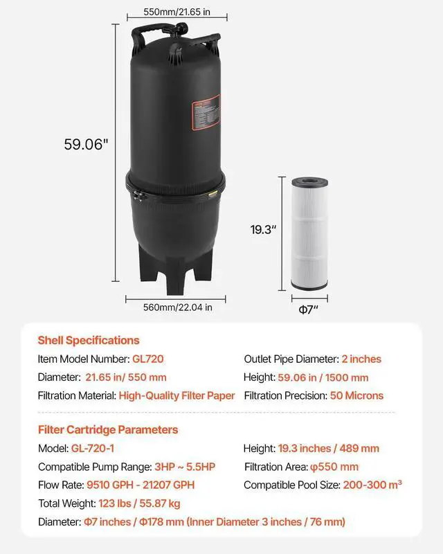 Alt view image 7 of 7 - 2026 Pro Cartridge Pool Filter Tank & Element, Large 725Sq. Ft Filtration Cleaning System for Pools | Compatible with Pumps 3 HP to 5.5 HP | Up to 9510-21207GPH | for Pools Up to 317006 Gallons