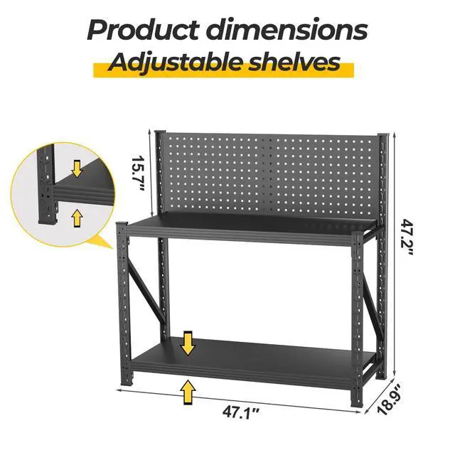 Alt view image 2 of 6 - Work Bench with Pegboard,Heavy Duty Workbench Adjustable Shelves,Tool Cart,Work Table for Garage Warehouse47.2 H*47.09" W*19" D
