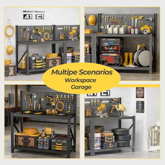 Alt view image 6 of 6 - Work Bench with Pegboard,Heavy Duty Workbench Adjustable Shelves,Tool Cart,Work Table for Garage Warehouse47.2 H*47.09" W*19" D