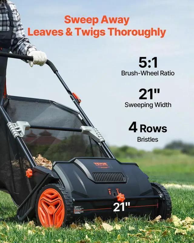 Alt view image 2 of 7 - Push Lawn Sweeper, 21inch Leaf & Grass Collector, Heavy Duty Thickened Steel Durable to Use with Large Capacity 3.5 cu. ft. Mesh Collection Hopper Bag, 2 Spinning Brushes